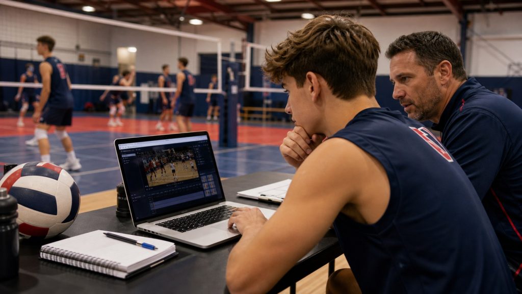 Yorktowne athlete and coach reviewing volleyball recruiting film