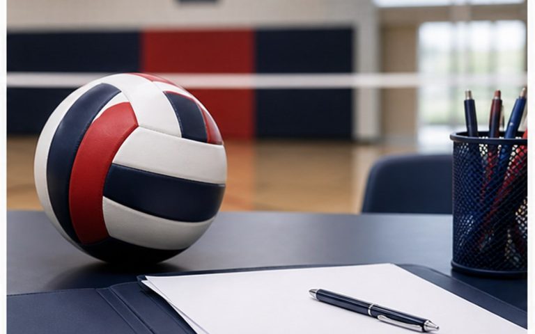 Volleyball and signing-day desk image for college commitment news